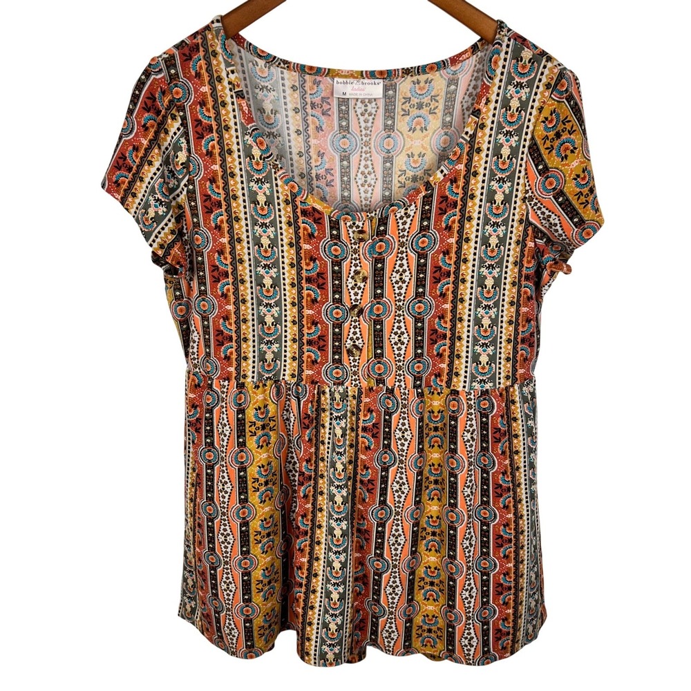 ☘️5/$25 Bobbie Brooks Womens Medium Boho Geometric Babydoll Top Multi-Color